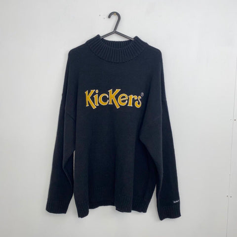 Kickers Knitted Jumper Spell Out Sweater Mens Size S Oversized Black Mock Neck.