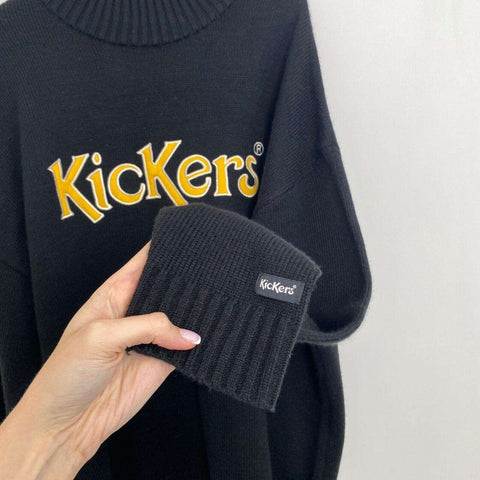Kickers Knitted Jumper Spell Out Sweater Mens Size S Oversized Black Mock Neck.