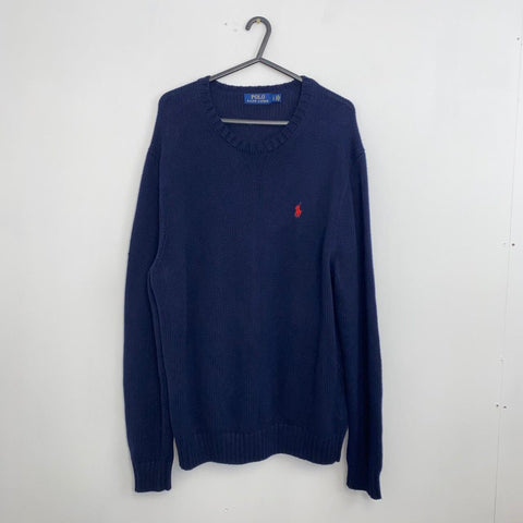 Polo Ralph Lauren Knitted Jumper Mens Size L [Fits Big] Navy Crewneck Sweater.