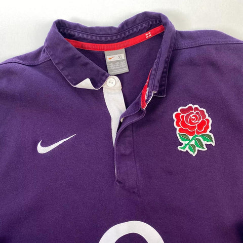 Vintage Nike Rugby Long-Sleeve Polo Top 2009-10 England Away Mens Size XL Purple