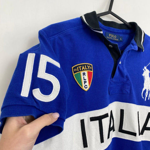 Polo Ralph Lauren Italia Polo Shirt Mens Size L Custom Fit Blue Logo Big Pony.