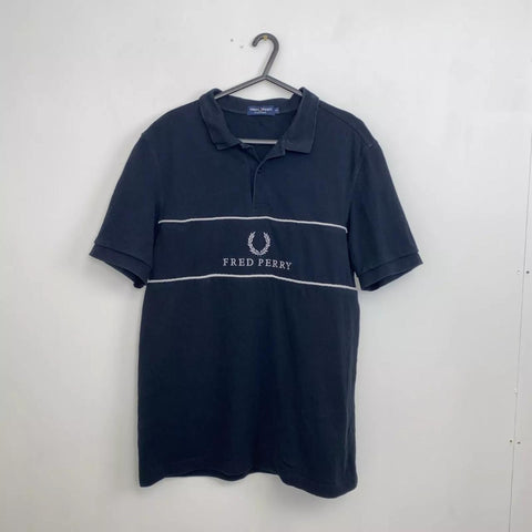 Fred Perry Panel Piped Logo Spellout Polo Shirt Mens Size XL Black Slim Retro.