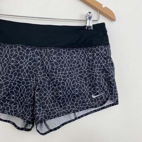 Nike Womens Dri-Fit Running Shorts Black Grey Size M Brief Lined Swoosh Logo.