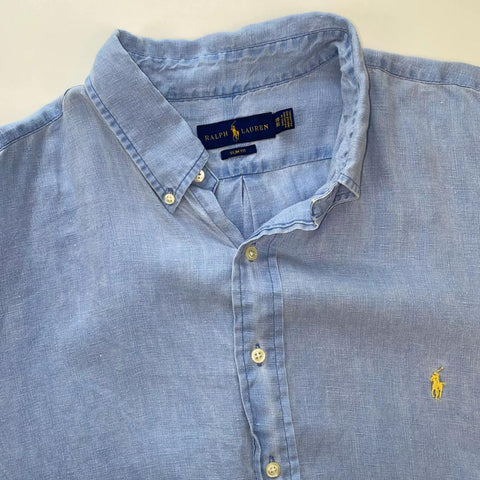 Ralph Lauren Linen Button-Up Shirt Mens Size 1XB 3XL Blue Slim Short-Sleeve.