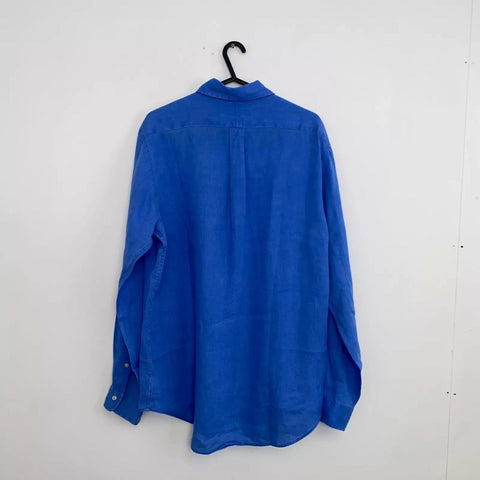 Ralph Lauren Linen Button-Up Shirt Mens Size M Blue Summer Long-Sleeve Classic.