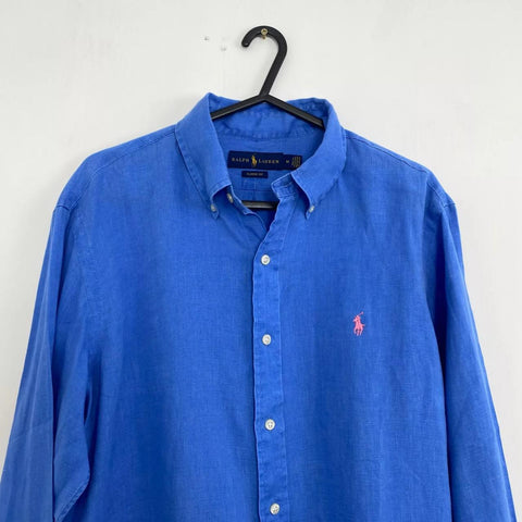Ralph Lauren Linen Button-Up Shirt Mens Size M Blue Summer Long-Sleeve Classic.