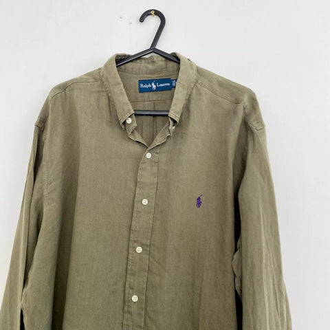 Vintage Ralph Lauren Linen Button-Up Shirt Mens Size XL Khaki Olive Long-Sleeve.