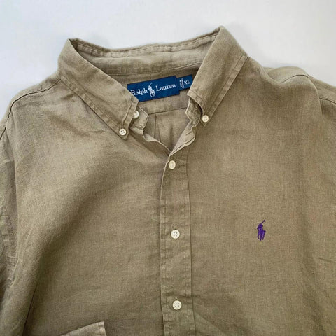 Vintage Ralph Lauren Linen Button-Up Shirt Mens Size XL Khaki Olive Long-Sleeve.