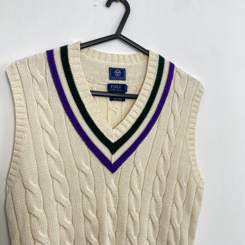 Polo Ralph Lauren Cable-Knit Jumper Vest Tennis Jumper Mens M Cream Wimbledon