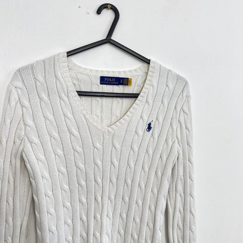 Polo Ralph Lauren Cable-Knit Jumper Womens Size XS White V-Neck Sweater Logo.