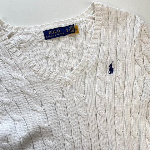 Polo Ralph Lauren Cable-Knit Jumper Womens Size XS White V-Neck Sweater Logo.