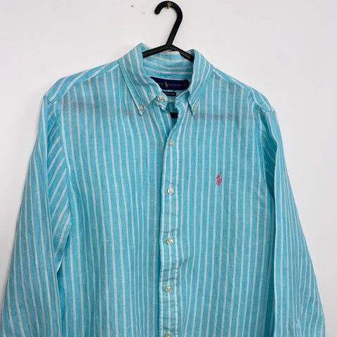 Ralph Lauren Ocean Wash Linen Shirt Mens Size S Striped Blue Button-Up Holiday.