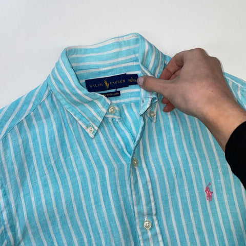 Ralph Lauren Ocean Wash Linen Shirt Mens Size S Striped Blue Button-Up Holiday.
