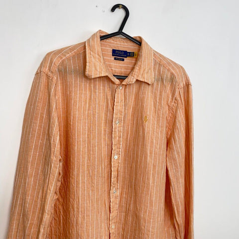 Polo Ralph Lauren 100 % Linen Striped Shirt Womens Size XL Orange Relaxed Fit.