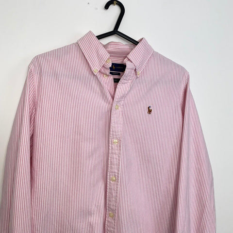 Polo Ralph Lauren Striped Button-Up Shirt Womens Size M Pink White Holiday L/S.