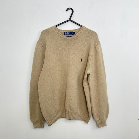 Vintage Polo Ralph Lauren Knitted Jumper Mens Size L Beige Crewneck Sweater Logo