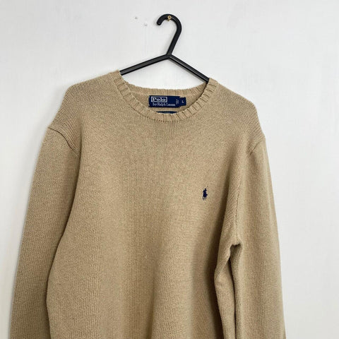 Vintage Polo Ralph Lauren Knitted Jumper Mens Size L Beige Crewneck Sweater Logo