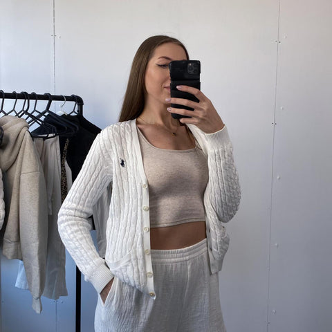 Ralph Lauren Sport Cable Knit Cardigan Jumper Womens Size L [Fit as M] White