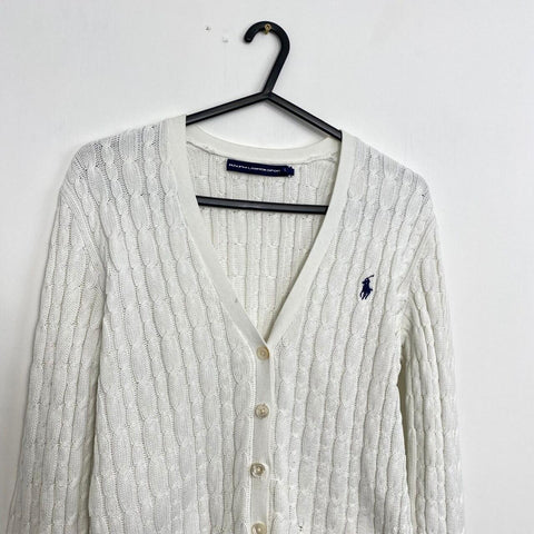 Ralph Lauren Sport Cable Knit Cardigan Jumper Womens Size L [Fit as M] White