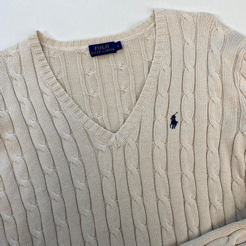 Polo Ralph Lauren Cable-Knit Jumper Womens Size L [Fit as M] Cream V-Neck