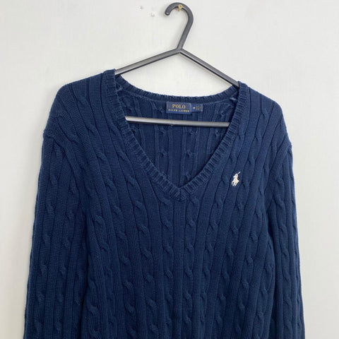 Polo Ralph Lauren Cable-Knit Jumper Womens Size M Navy V-Neck Sweater Preppy.