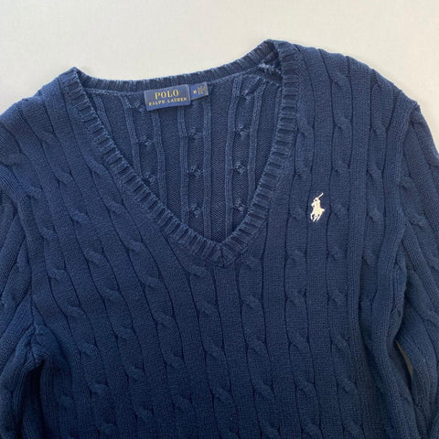 Polo Ralph Lauren Cable-Knit Jumper Womens Size M Navy V-Neck Sweater Preppy.