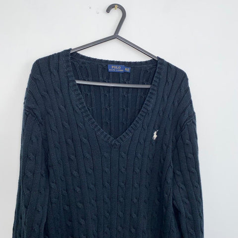 Polo Ralph Lauren Cable-Knit Jumper Womens Size XXL Slim Black V-Neck Sweater.