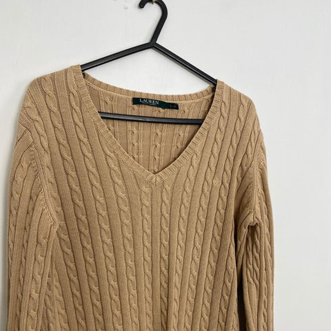 Ralph Lauren Cable-Knit Jumper Womens Size L Beige V-Neck Sweater Preppy RL Logo - Stock Union