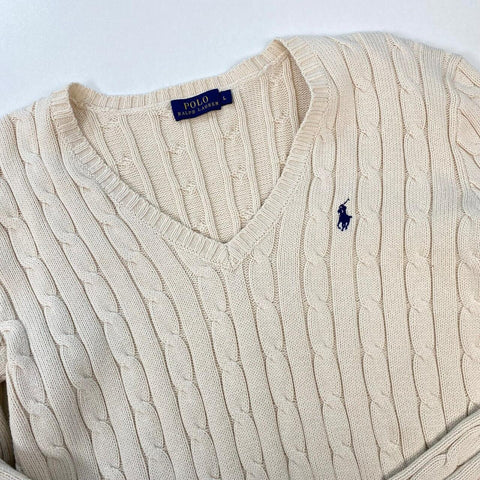 Polo Ralph Lauren Cable-Knit Jumper Womens Size L [Fit as M] Cream V-Neck Logo.