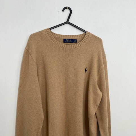 Polo Ralph Lauren Knitted Jumper Mens Size L Beige Crewneck Sweater Logo.