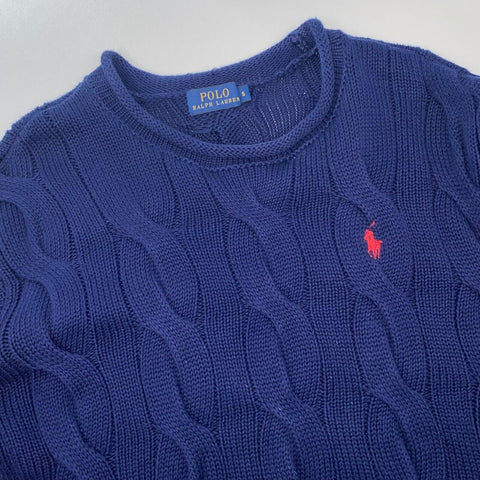 Polo Ralph Lauren Rare Cable-Knit Sweater Womens Size S Navy Jumper Logo Preppy.