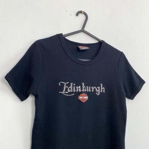 Harley Davidson Rhinestone Edinburgh T-Shirt Womens Size S Black Graphic Tee