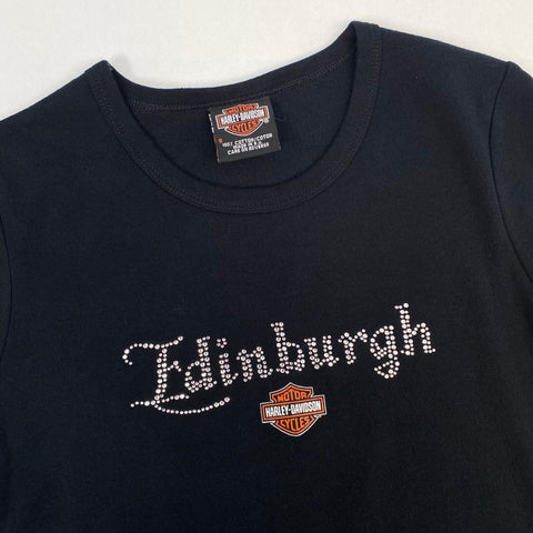 Harley Davidson Rhinestone Edinburgh T-Shirt Womens Size S Black Graphic Tee
