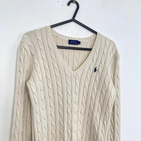 Polo Ralph Lauren Cable-Knit Jumper Womens Size M Slim Cream V-Neck Sweater.