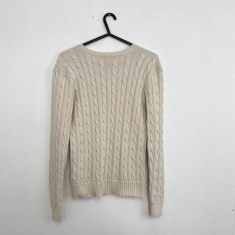 Polo Ralph Lauren Cable-Knit Jumper Womens Size M Slim Cream V-Neck Sweater.
