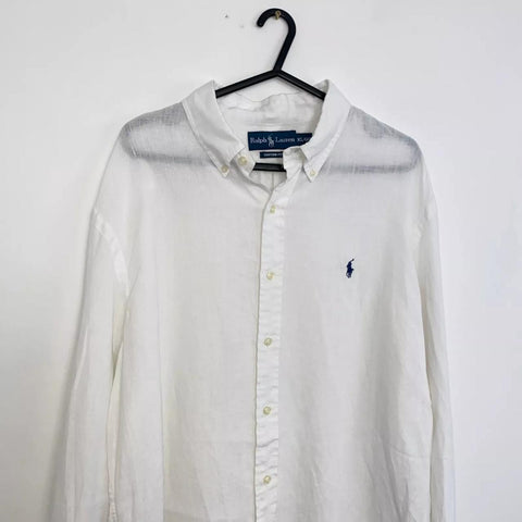 Ralph Lauren 100 % Linen Button-Up Shirt Mens Size XL White Holiday Long-Sleeve.