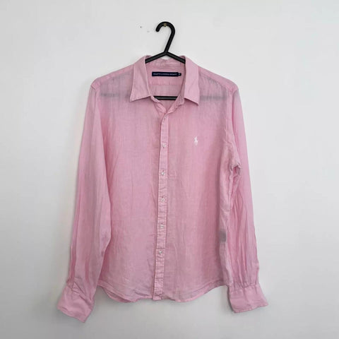 Ralph Lauren Sport Linen Button-Up Shirt Womens Size 14 [More as 12] Pink Preppy