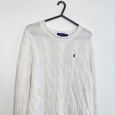 Polo Ralph Lauren Rare Cable-Knit Sweater Womens Size L White Jumper Logo Preppy
