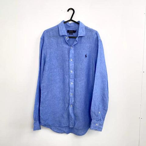Polo Ralph Lauren Linen Button-Up Shirt Mens Size L Blue Summer Long-Sleeve.