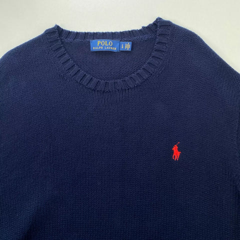 Polo Ralph Lauren Knitted Jumper Mens Size L [Fits Big] Navy Crewneck Sweater.