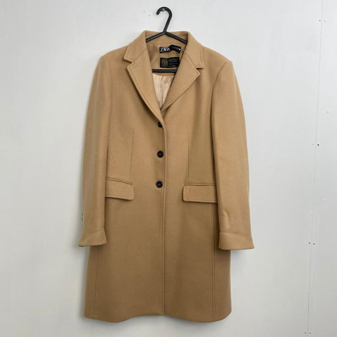 Zara Manteco Wool Blend Coat Single-Breasted Womens Size M Beige Jacket Smart - Stock Union