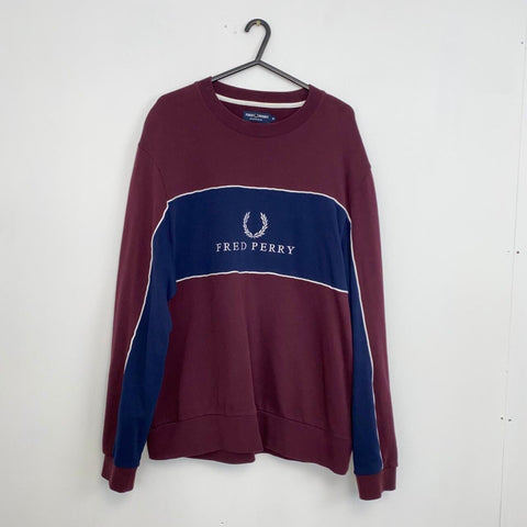 Fred Perry Panel Piped Retro Sweatshirt Mens Size M Burgundy Navy Spell Out Crew - Stock Union