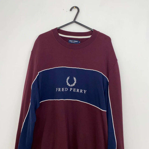 Fred Perry Panel Piped Retro Sweatshirt Mens Size M Burgundy Navy Spell Out Crew - Stock Union