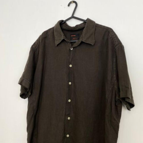 Vintage Zara 100% Linen Button-Up Shirt Mens Size XXL Brown Short-Sleeve Holiday.