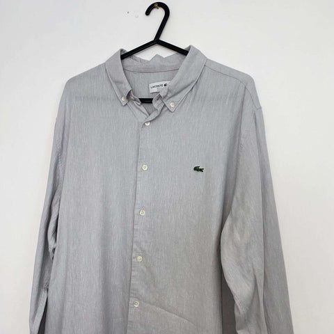 Lacoste Linen Blend Button-Up Shirt Mens Size L/XL FR43 Grey Long-Sleeve Holiday