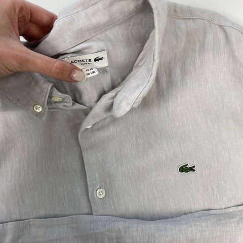 Lacoste Linen Blend Button-Up Shirt Mens Size L/XL FR43 Grey Long-Sleeve Holiday