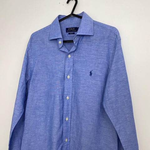 Polo Ralph Lauren Button-Up Shirt Mens Size 15.5 / S-M Blue Linen Blend Holiday.