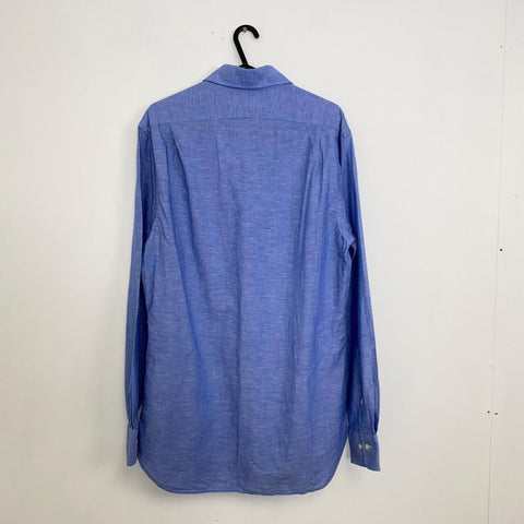 Polo Ralph Lauren Button-Up Shirt Mens Size 15.5 / S-M Blue Linen Blend Holiday.