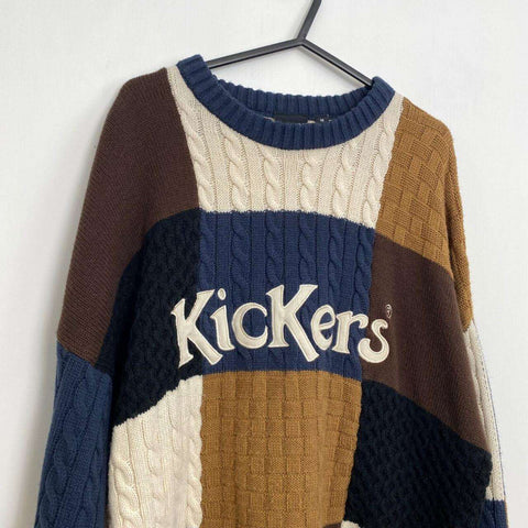 Kickers Patchwork Jumper Spell Out Sweater Womens Size M Oversized Multi Knit.