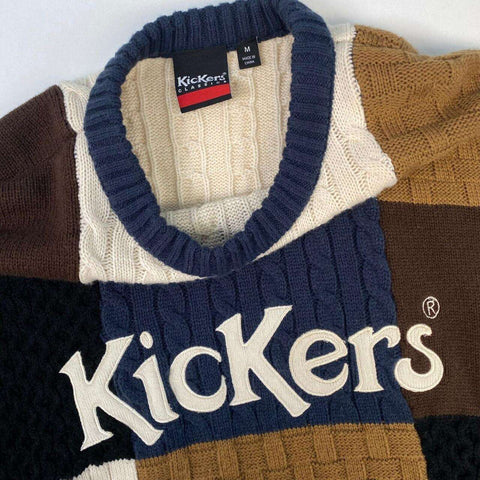 Kickers Patchwork Jumper Spell Out Sweater Womens Size M Oversized Multi Knit.